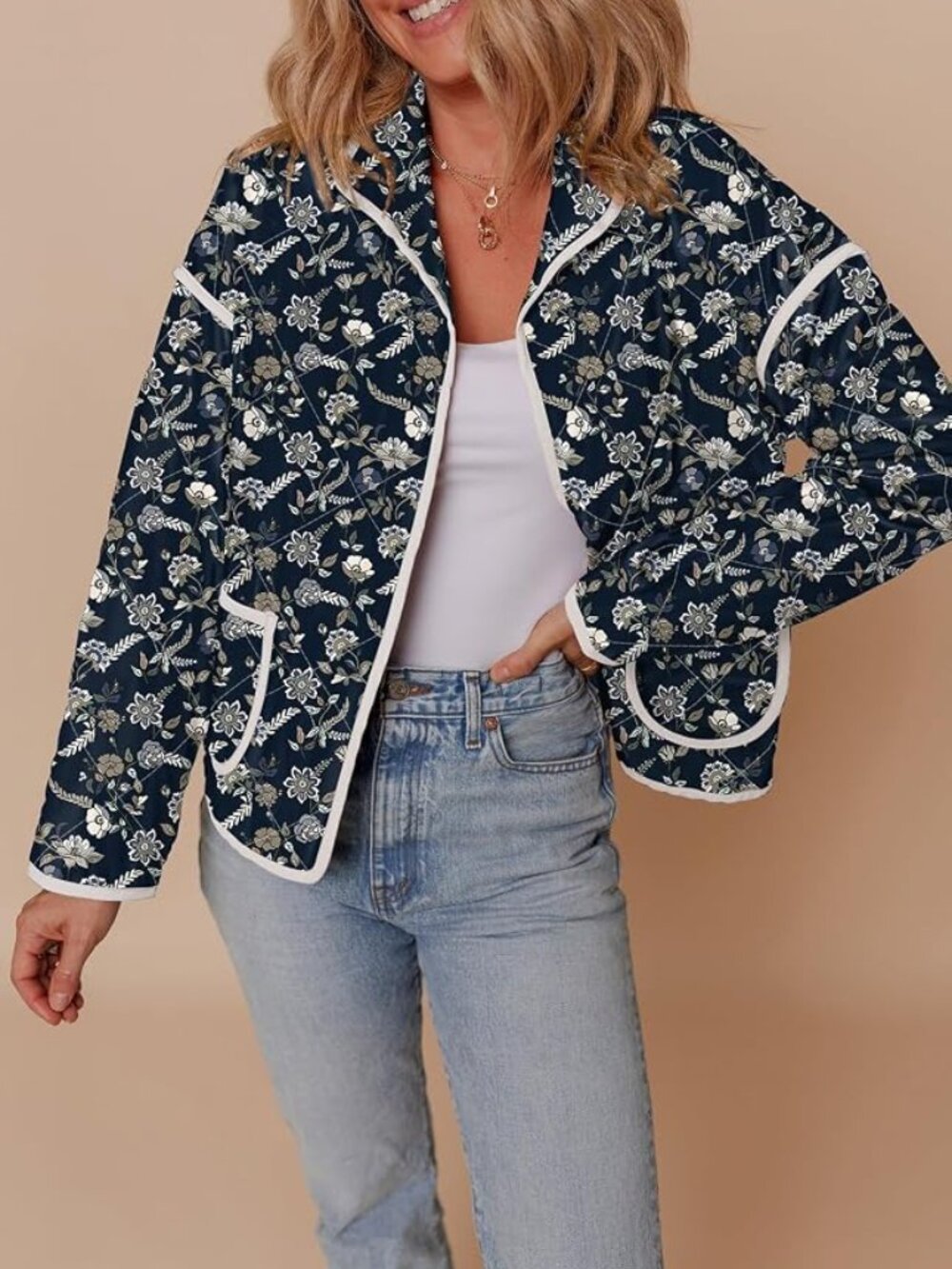 Dokotoo Black & White Floral Quilted Puffer Pocket Snap Button Jacket S